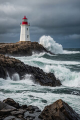 Obraz premium tall lighthouse standing on a rocky shore, with waves crashing below