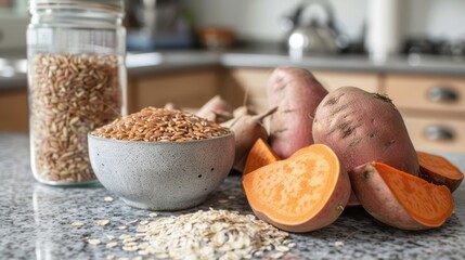 sweet potatoes, oats, and brown rice displayed on a kitchen countertop.