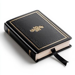 Obraz premium Elegant black leather-bound journal with gold accents and ribbon bookmark.