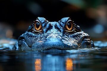 Obraz premium A close-up of a crocodile's head partially submerged in water, showcasing its eyes.