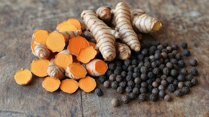 Obraz premium Natural Health Boosters - Close-up of Organic Turmeric Roots and Black Peppercorns on Wooden Background for Wellness Concept.