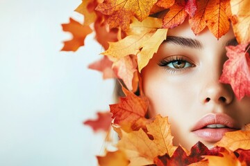 Autumn fall woman banner with copy space. beautiful face portrait. natural beauty. fall season fashion. girl enjoy weather with autumn leave with generative ai