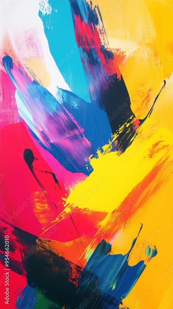Poster vibrant abstract expressionism with colorful brush strokes on canvas for art design and decor.