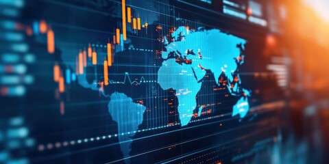 A vibrant digital world map overlaid with dynamic financial data and graphs, symbolizing global commerce and technology innovation.