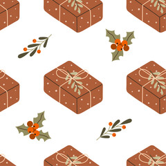 Seamless vector pattern with gifts and plants