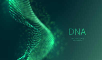 Artificial Intelligence DNA particle waves future connect innovation vector design. Big data biology dna molecule background. Technology ai green particles dots banner.
