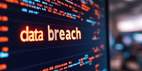 A data breach concept - the words "data breach" on a screen. internet security and data protection theme