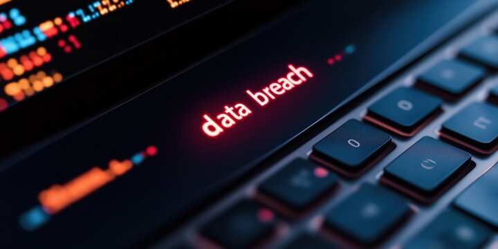 A data breach concept - the words "data breach" on a screen. internet security and data protection theme