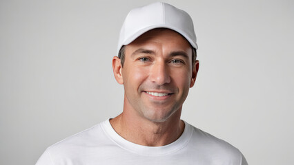 Man wearing white t-shirt and white baseball cap isolated on grey background