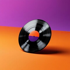 Fototapeta premium Black vinyl record on an orange and purple background.