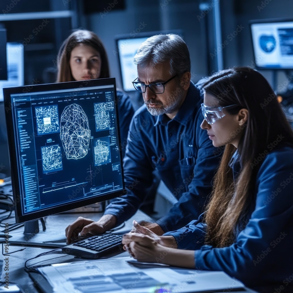 Poster team of scientists analyze brain scan on computer monitor. they work in a modern research facility.
