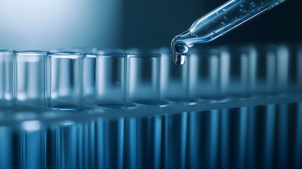 Close-up shot of a dropper dispensing a liquid into test tubes.