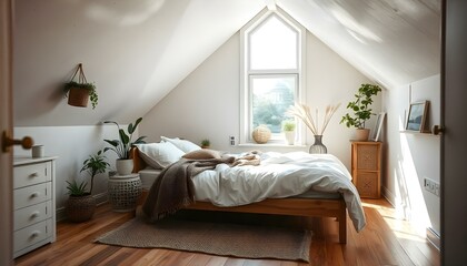 A cozy and bright attic bedroom with a wooden bed frame, a large window letting in natural light, and various decorative elements like plants and artwork on the walls