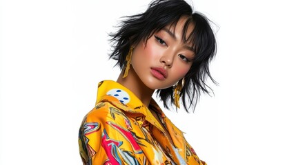 A woman in a colorful jumpsuit poses confidently in a studio, demonstrating her unique style with expressive accessories