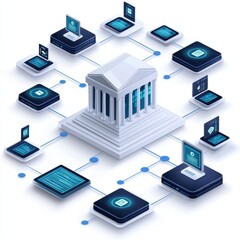 Fototapeta premium Digital banking concept with connected devices showcasing online financial transactions and secure data transfer in a network.