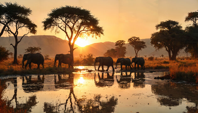 Coucher de soleil avec des &eacute;l&eacute;phants pr&egrave;s de l'eau