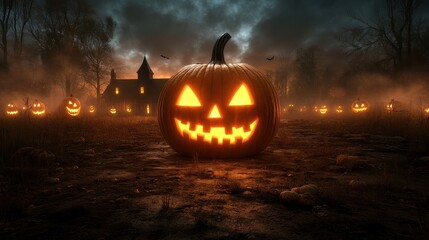 Naklejka premium Spooky Halloween scene featuring glowing pumpkin with a sinister grin, surrounded by mist and eerie atmosphere.