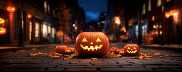 Fototapeta premium Spooky pumpkins lit up in a dark street, surrounded by autumn leaves, creating a festive Halloween atmosphere.