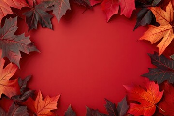 Obraz premium Autumn frame border of maple leaves on red background. Happy Thanksgiving Day, Halloween, Harvest concept with generative ai