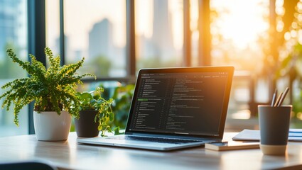 Fototapeta premium A Cozy, Bright Workspace at Sunset: A Laptop with Code, Lush Greenery, and Gentle Sunlight Creates a Perfect Setting for Productive, Peaceful Work Moments.
