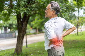 Sick unhappy senior adult elderly man touching her muscle injury Lower back suffering from muscles back pain at home.physical injury and healthcare problem