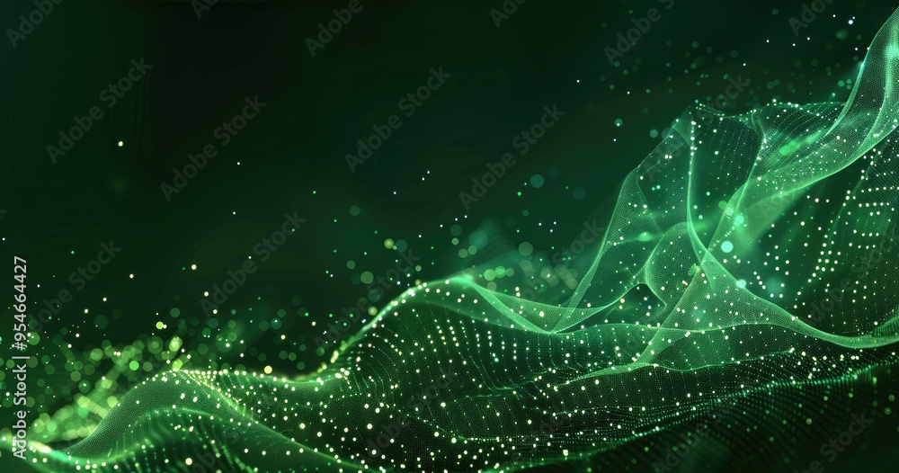 Poster a dynamic abstract design featuring flowing green waves and glowing particles, evoking a sense of mo