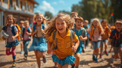 Fototapeta premium a group of school children in colored clothes with school bags and backpacks run to school smiling. back to school, knowledge day. Friends. Friendship. Study. Joy. Happiness.