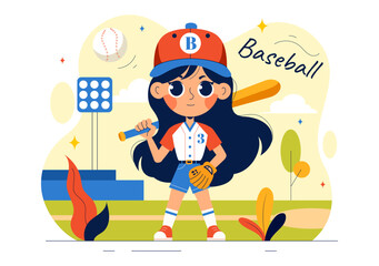 A Baseball Kids Player in Uniform is Throwing, Catching, or Hitting a Ball with Bats and Gloves on a Court Stadium in a Cartoon Vector Illustration