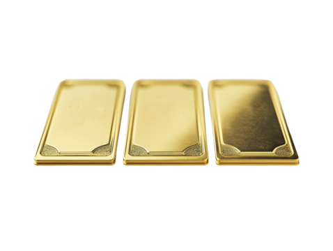 Three golden tickets isolated on a white background. PNG transparent.