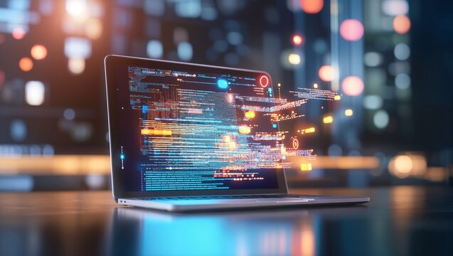 Visualizing the Future: A Laptop Displaying Dynamic Data Flow Amidst a Technologically Enhanced Urban Background with Vivid Lights and Coding Elements