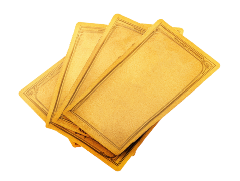 Three golden tickets isolated on a white background. PNG transparent.