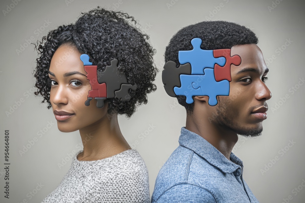 Poster attention strategic profile of a man and woman with puzzle piece heads symbolizing the complexity of