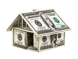 House made of one hundred dollar bills on a white background. PNG transparent.
