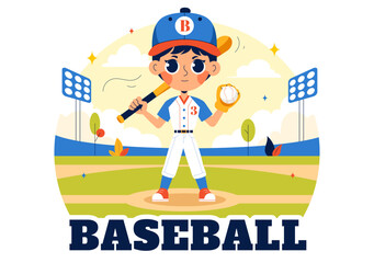 A Baseball Kids Player in Uniform is Throwing, Catching, or Hitting a Ball with Bats and Gloves on a Court Stadium in a Cartoon Vector Illustration
