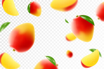 Flying ripe mango. Bright advertising background falling juicy fruit mango, realistic illustration with blurred effect. 3d vector design for advertising banners and web page design