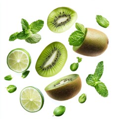 Fototapeta premium Flying fresh raw whole and sliced kiwi, lime and mint leaves on white background. Falling fruits