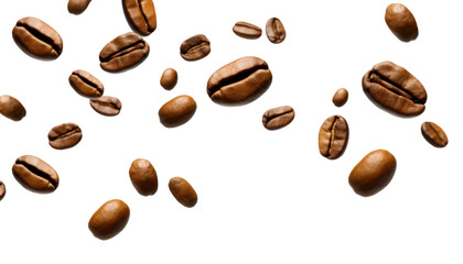 Obraz premium Brown coffee beans falling against white background. Perfect for coffee shops, cafes, food blogs, and social media posts. Rich and aromatic