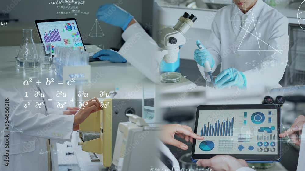 Poster various research and science technology concept. digital transformation. transition material from a 