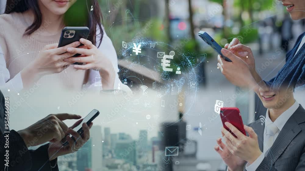 Aufkleber スマホを使う人々と通信ネットワーク　白バックからのブラートランジション