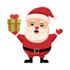 Cute flat cartoon Santa Claus in a red vintage costume with green gift. Vector Happy Santa Claus on white isolated background. Christmas vector illustration
