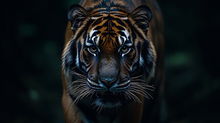 A close-up of a fierce tiger, showcasing its striking features and intense gaze.