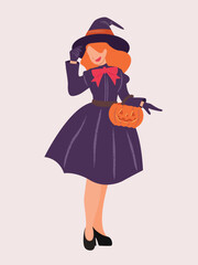 vector art, flat character illustration, young woman in witch outfit holding Jack-O-lantern bucket, fancy costume, Halloween-themed designs, holiday greetings