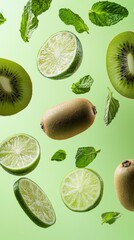 Fototapeta premium Flying fresh raw whole and sliced kiwi, lime and mint leaves on green background. Falling fruits