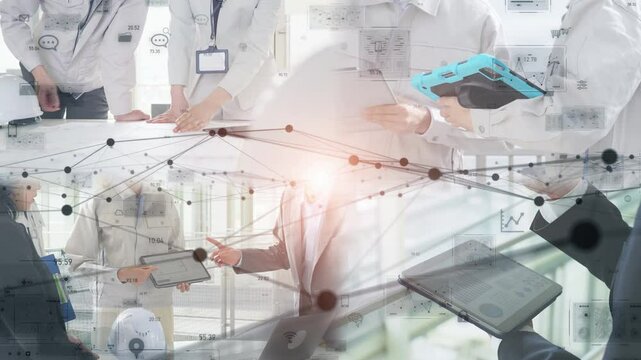 Various industrial scene and communication network concept. Factory automation. Internet of Things. Transition material from a white background