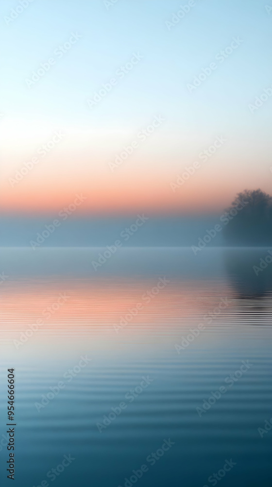 Sticker Calm Water Reflection of Sunset Over Foggy Lake.