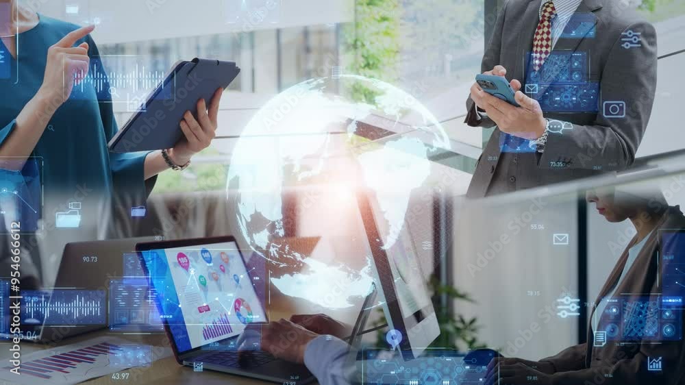 Poster People using digital devices and global communication network concept. Worldwide business. Transition material from a white background