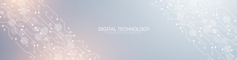 Abstract digital technology background. Digital tech motherboard texture design. Engineering circuit board concept for poster, header, banner, website, presentation.