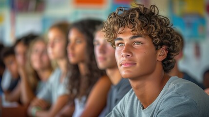Obraz premium High school students in class listening to teacher In Classroom. University students in classroom listen to lecture.Education concept. School education. Gaining knowledge. Lesson.