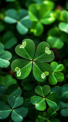 Close up of a four-leaf clover in a bed of green shamrocks.