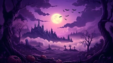 Haunted Graveyard with Full Moon and Gothic Castle, Ideal for Halloween Dark Theme Wallpaper
